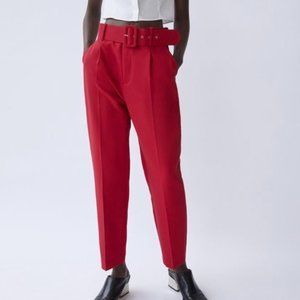 ZARA Red High-Waisted Belted Pants, size XL